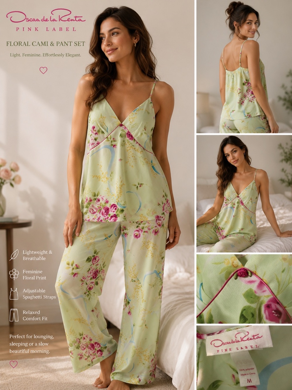 Oscar de la Renta Pink Label Floral Cami & Pant Set Soft Girl Coquette Loungewea